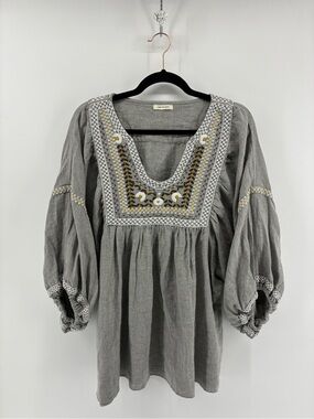 Max Studio Grey Embroidered Scoop-Neck Peasant Blouse